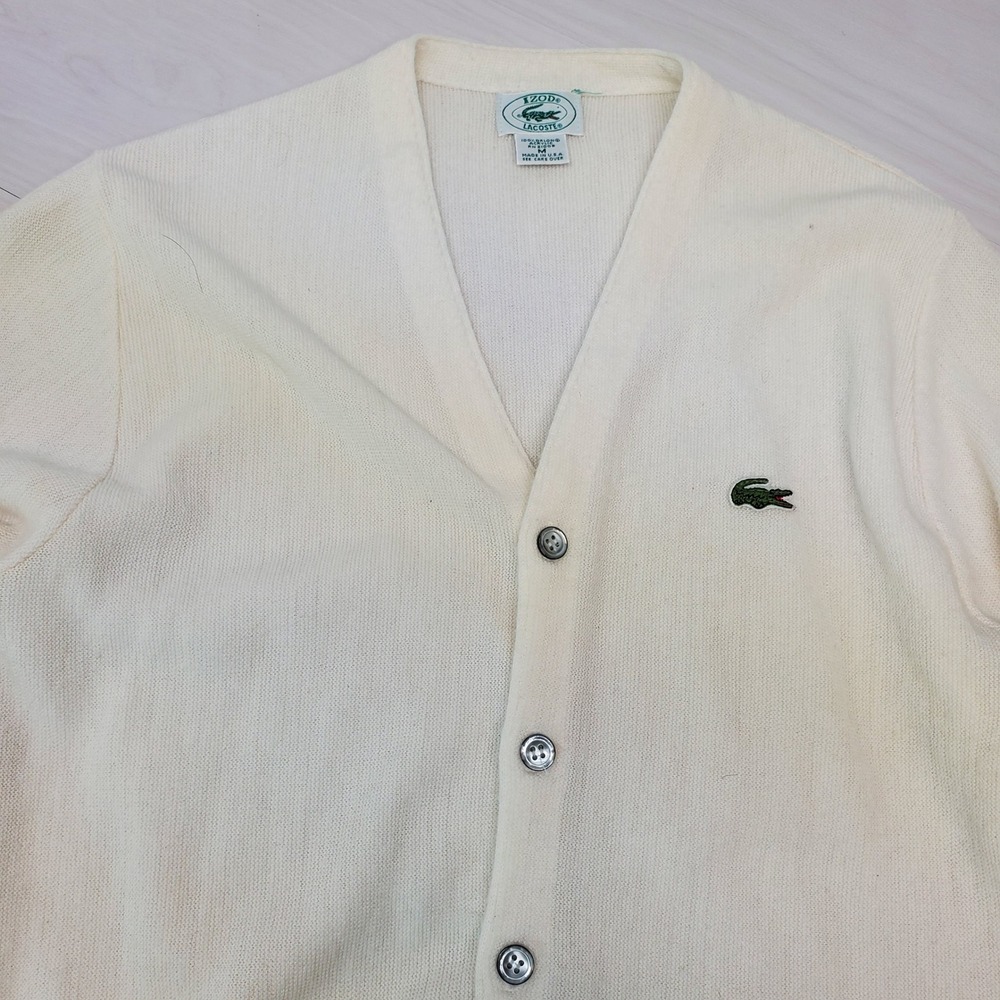 Vintage Izod Lacoste Mens Cream Orlon Acrylic Cardigan Sweater Alligator Logo M